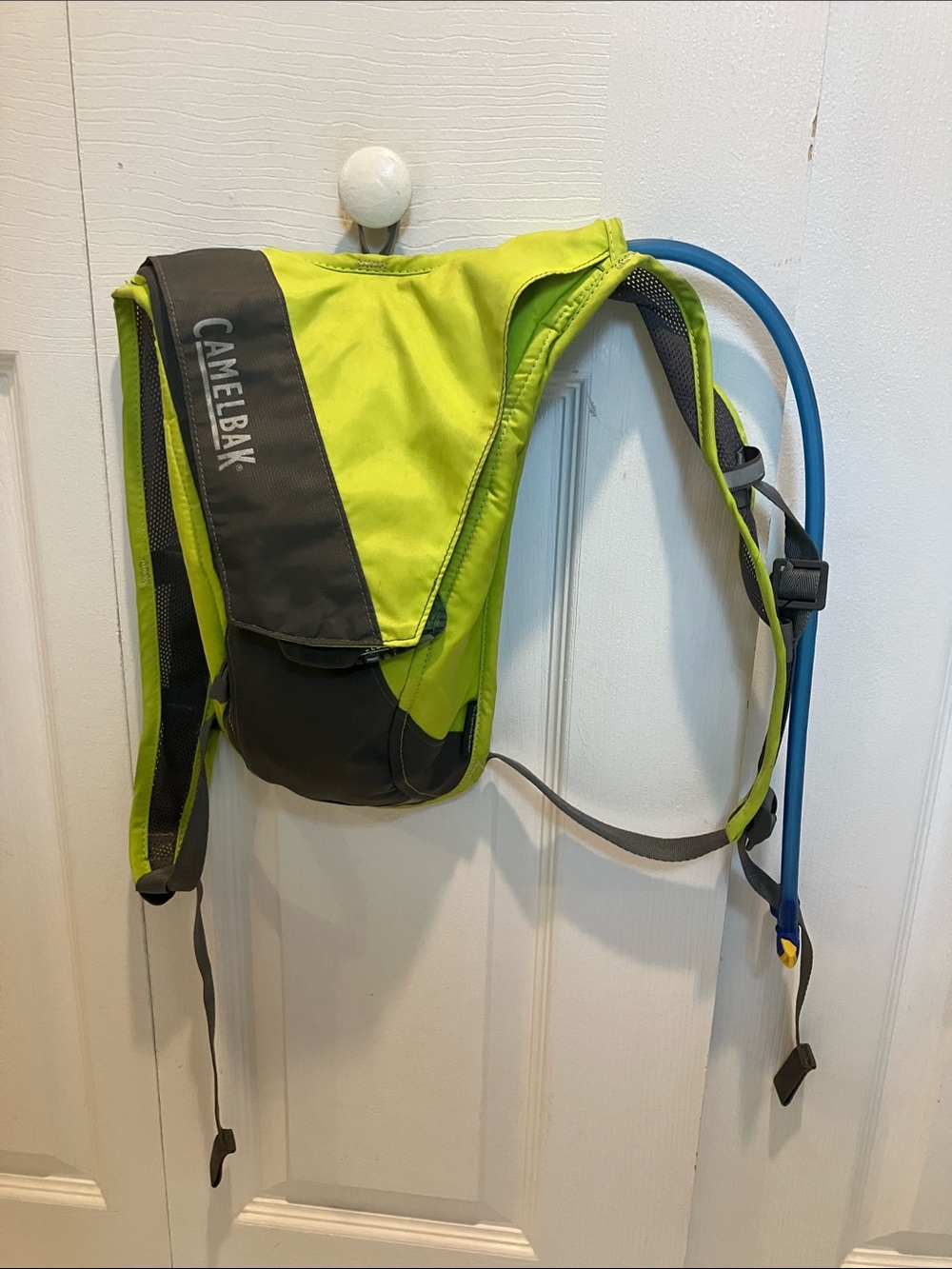 CamelBak Lime Green and Gray Hydration Pack with Blue Tube